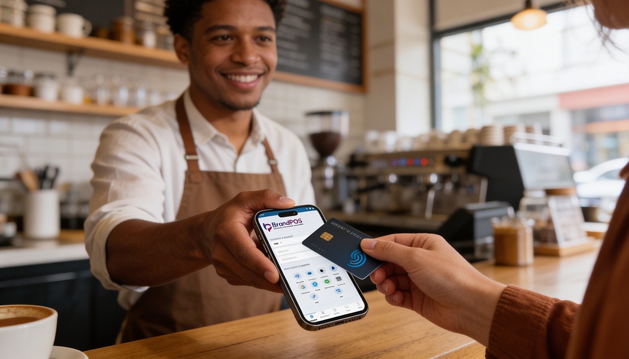 Real-life photo of a customer tapping their card on a merchant's smartphone at a coffee shop counter