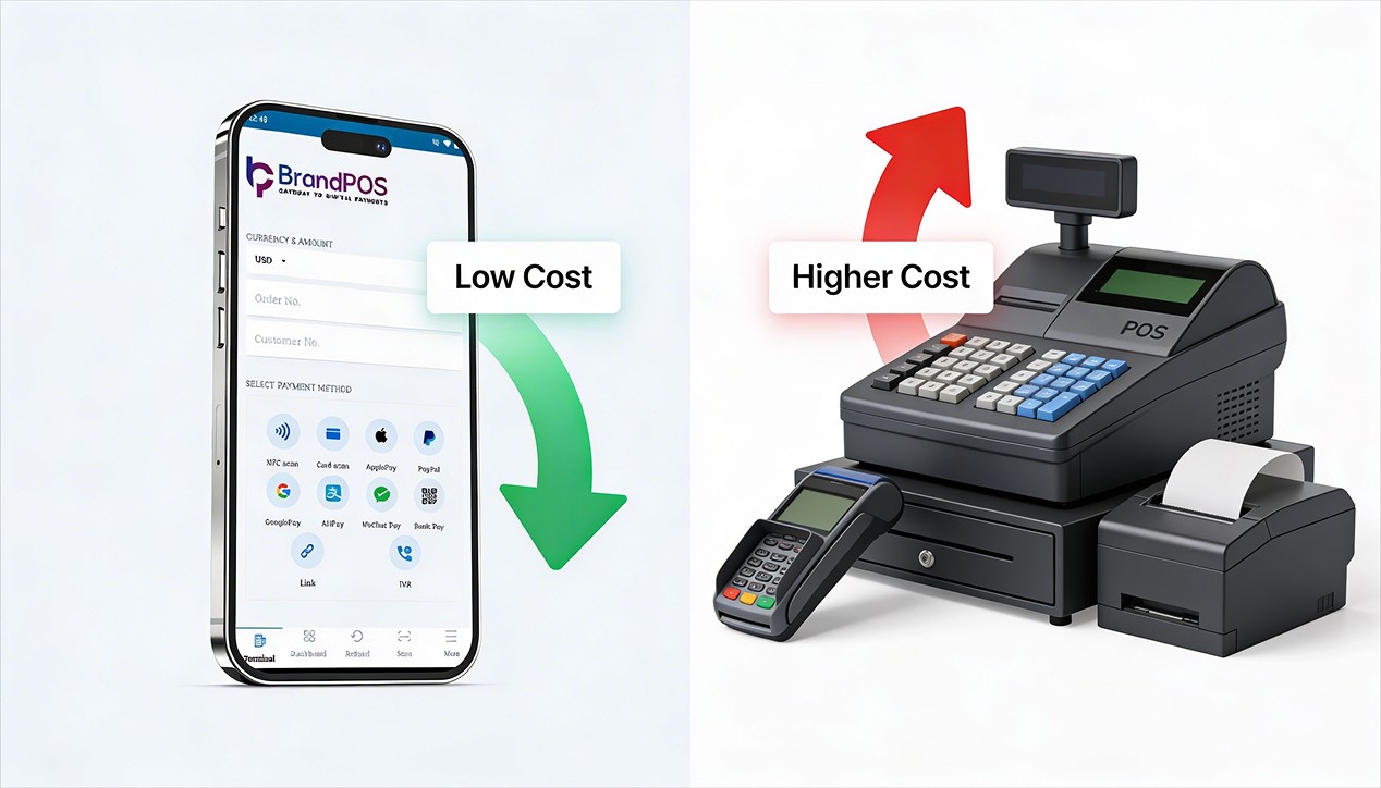 Concept illustration showing SoftPOS on smartphone vs bulky traditional POS hardware with cost comparison visual elements