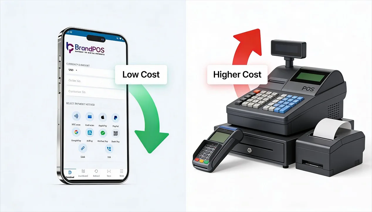 Concept illustration showing SoftPOS on smartphone vs bulky traditional POS hardware with cost comparison visual elements