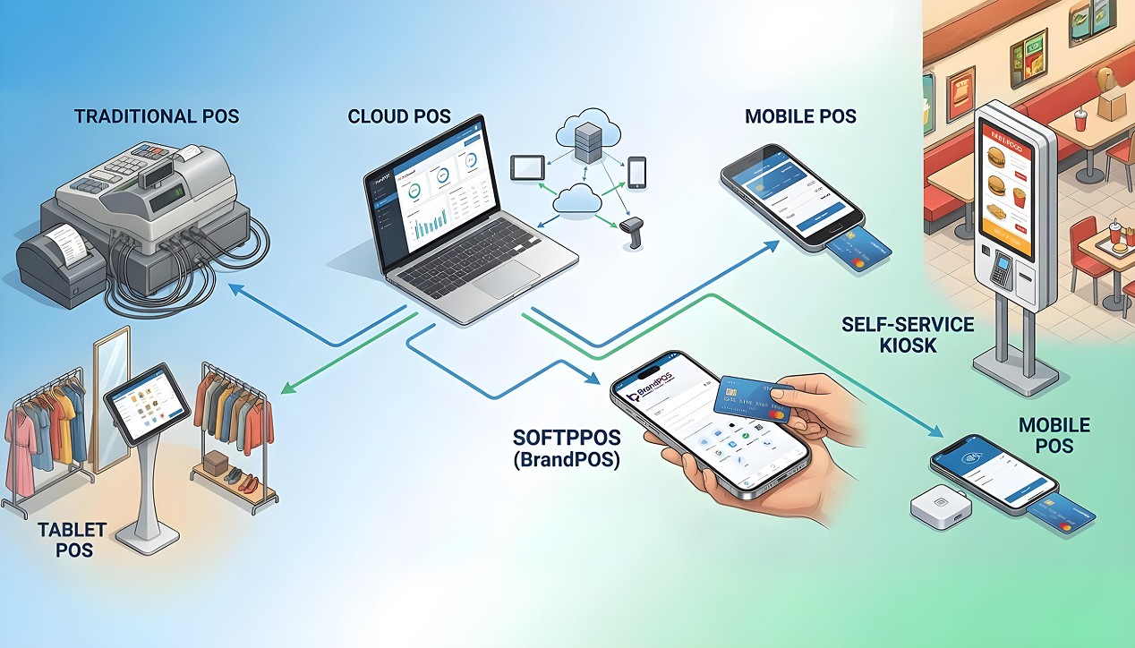 Infographic showing comparison of different types of POS systems including Traditional, Cloud, and SoftPOS