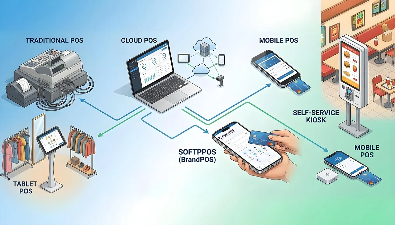 Infographic showing comparison of different types of POS systems including Traditional, Cloud, and SoftPOS
