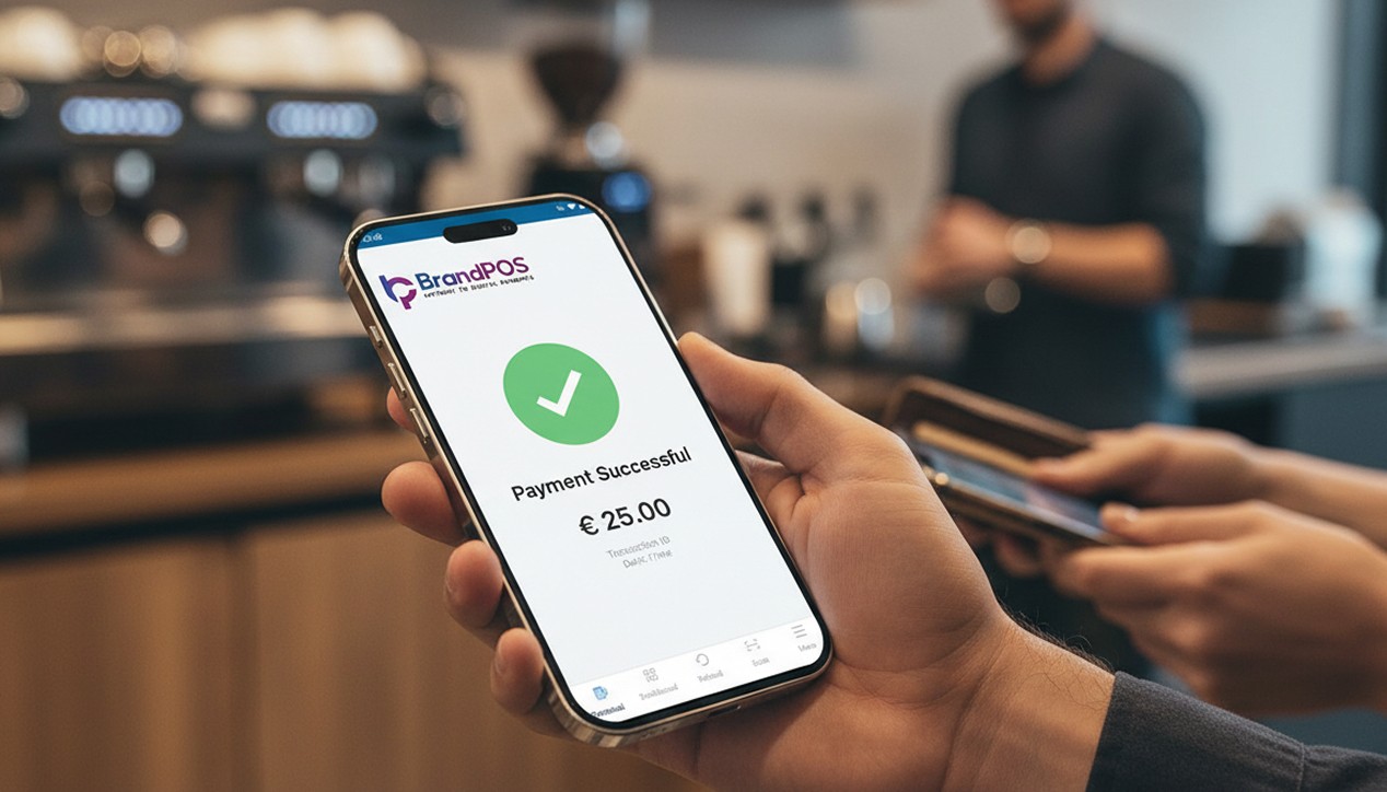 BrandPOS SoftPOS mobile app interface showing payment acceptance on a smartphone