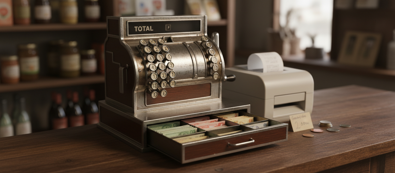 Traditional mechanical cash register with separate receipt printer and cash drawer